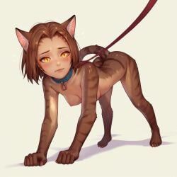 ai_generated all_fours animal_ears ass bereft bondage breasts brown_hair cat_ears cat_girl cat_tail catgirl collar feet femsub fur leash m'rissi mrissi naked nipples on_all_fours pet petplay short_hair skyrim stable_diffusion the_elder_scrolls yellow_eyes