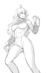 1girls abs armwear black_and_white bread_and_butter breasts casual female firearm human long_hair long_hair_female neckwear nude nude_female pale_skin rwby scarf solo_female weapon yang_xiao_long