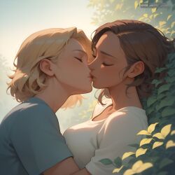 2girls ai_generated blonde_hair brown_hair desgens kissing outdoors yuri