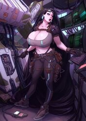 1girls 2020 artist_name big_breasts black_hair breasts_bigger_than_head cleavage clothed clothing computer curvaceous curvy cyberpunk earrings eyewear eyewear_on_head glasses glasses_on_head gloves green_eyes leggings original solo thick_thighs tools voidwave voluptuous