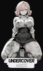 1girls ai_assisted ai_generated alterxone big_breasts blowjob cleavage collared_shirt comic comic_cover comic_page female_focus flipped_hair hair_over_one_eye monochrome oral original original_artwork original_character panties pink_hair seductive seductive_look signature skirt spread_legs tagme teacher text title title_page