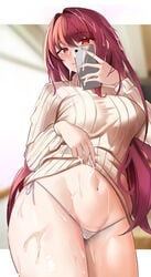 bare_thighs cum fate/grand_order fate_(series) panties presenting_panties scathach_(fate) selfie side-tie_panties sidelocks string_panties sweater sweater_lift thick_thighs villain_(ses0297)