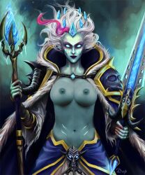 1girls alternate_costume big_breasts blizzard_entertainment death_knight ermachentai frost_lich_jaina hearthstone human human_(world_of_warcraft) jaina_proudmoore multicolored_hair purple_hair solo topless warcraft white_hair world_of_warcraft