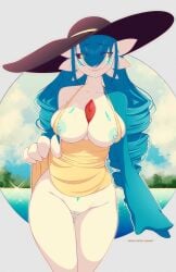 1girls anthro areolae big_breasts black_sclera blue_hair dress dress_aside dress_lift drill_hair eyes_visible_through_hair female female_gardevoir female_only gardevoir generation_3_pokemon hair_between_eyes hat hi_res large_hat long_hair looking_at_viewer mammal nintendo nipples nipples_outside no_panties peachcupp pokémon_(species) pokemon pokemon_(species) pussy shiny_gardevoir shiny_pokemon smiling smiling_at_viewer solo yellow_dress yellow_eyes