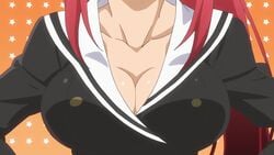 16:9_aspect_ratio 1girl 2010s animated blush bouncing_breasts breasts brown_legwear cleavage close-up female female_only hands_on_own_knees head_out_of_frame high_resolution huge_breasts large_breasts leaning_forward long_hair mouth_hold mp4 nikaidou_arashi no_sound onii-chan_dakedo_ai_sae_areba_kankeinai_yo_ne pantyhose pantyhose_pull red_hair school_uniform screencap serafuku solo solo_female uniform video