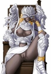 1girls armor armored_female balancers_(nightreign) blonde_hair breasts clothes_lift dark-skinned_female dark_skin elden_ring elden_ring_nightreign exposed_breasts exposed_pussy eyes_covered female female_only fromsoftware hand_on_cheek helmet long_hair lunele medium_breasts no_panties one_leg_up pussy sitting sitting_on_chair solo solo_female spread_legs thighs valkyrie weapon-bequeathed_harmonia white_background