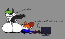 2025 anthro arrow_sign ass ball_lick balls big_balls big_penis black_body black_bottomwear black_clothing black_ears black_eyes black_fur black_leggings black_legwear black_nose blue_clothing blue_hoodie blue_topwear bodily_fluids bottomwear brown_body brown_ears brown_fur canid canine canis chair clothed clothing commically_large_balls computer_monitor controller digital_media_(artwork) duo english_text fox fur furniture game_controller gaming genital_fluids genitals green_hair hair half-closed_eyes holding_controller holding_game_controller holding_object hoodie huge_balls huge_cock hyper hyper_balls hyper_genitalia hyper_penis leggings legwear licking maddox male male/male mammal multicolored_body multicolored_fur narrowed_eyes nude on_chair oral orange_body orange_fur orange_hair penis playing_video_game precum red_fox saints_row screen sex sitting sitting_on_chair soups_(superiorfox) superiorfox text tongue topwear true_fox two_tone_body two_tone_fur white_body white_fur