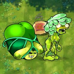 2025 2girls areolae artist_signature big_breasts breasts danigrex2n dated female female_focus female_only freckles freckles_on_breasts green_body large_areolae large_breasts legs mole_under_mouth naked naked_female nipples outdoors plant plants_vs_zombies pubic_hair standing wet_body zomboid zoybean_pod_(pvz)