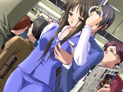 1boy 2000s_(style) black_hair blue_skirt blue_suit blue_vest blush breasts chikan cleavage collarbone cowboy_shot crowded dutch_angle faceless female game_cg grabbing_another's_breast grabbing_from_behind green_eyes groping half-closed_eyes hand_grip hand_up holding_hand_grip kawahara_emi long_hair long_sidelocks long_sleeves looking_down m&m_(mickey_and_mackey) medium_breasts molestation name_tag open_mouth pencil_skirt public_indecency saishu_chikan_densha_(series) saishuu_chikan_densha scarf sexual_harassment shirt short_hair sidelocks skirt standing suit sweat third-party_source train_interior variant_set vest white_shirt