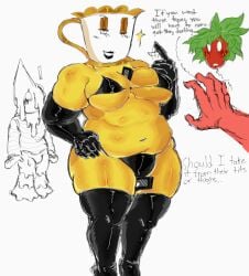 big_ass big_breasts blot_(dandy's_world) bra butttoeeater chubby_belly chubby_female clothed dandy's_world female hand_above_head roblox sprout_(dandy's_world) staring_at_ass teagan_(dandy's_world) teasing thick_ass thick_thighs thong
