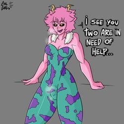 1futa 2021 big_breasts blush breasts bulge clothed clothing dialogue evilgirl fully_clothed futa_only futanari grey_background hero_outfit_(mha) horns humanoid humanoid_penis mina_ashido my_hero_academia open_mouth penis pink_hair pink_skin short_hair solo standing steam sweat sweating sweaty talking text yellow_eyes