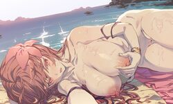 beach breasts fate/grand_order fate_(series) hxxg long_hair nipples nude pussy red_eyes red_hair scathach_(fate) uncensored water wet