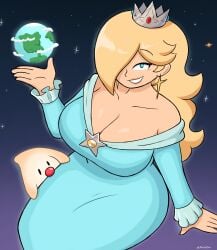1girls artist_name baby_luma bare_shoulders blonde_hair blue_dress blue_eyes breasts cleavage crown dress earrings earth female hair_covering_eye large_breasts long_dress long_hair looking_at_viewer luma mario_(series) nintendo pacifier princess_rosalina princess_rosalina_(movie) sitting sketchfins strapless strapless_dress super_mario_galaxy super_mario_galaxy_(2026_film)
