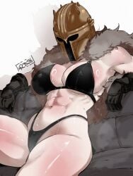 abs athletic_female bikini disney+ faceless faceless_character faceless_female female gloves gybeth helmet mask muscular_female star_wars sweat sweaty the_armorer_(the_mandalorian) the_mandalorian