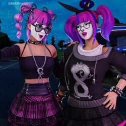 3d big_breasts clothed_female duo dyed_hair erotic-3d-art female festival_lace_(fortnite) fortnite fortnite:_battle_royale lace_(fortnite) maline2007 pigtails purple_hair