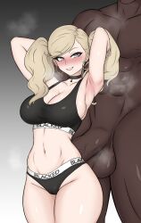 1boy absurdres ann_takamaki armpits arms_up black_choker black_panties black_sports_bra blacked_(phrase) blonde_hair blue_eyes blush breasts choker cleavage commission commissioner_upload cowboy_shot dark-skinned_male dark_skin daruko536 earrings english_text female gradient_background grey_background grin heart heart-shaped_pupils highres hoop_earrings huge_cock interracial jewelry large_breasts large_variant_set long_hair male navel panties penis persona persona_5 queen_of_spades queen_of_spades_symbol smile spade_(shape) speech_bubble sports_bra stomach straight symbol-shaped_pupils takamaki_anne testicles textless_version twintails uncensored underwear variant_set very_dark_skin