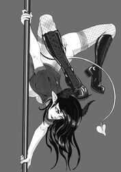 1girls 2d black_and_white black_hair boots demon demon_girl fishnets horns jacket mokimolewds monochrome pole_dancing scala_talsi solo stockings tail upside-down