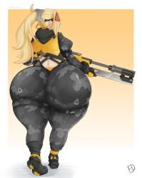 1girls ass ass_bigger_than_head ass_bigger_than_torso ass_focus big_ass blonde_hair bottom_heavy bubble_butt clothing fat_ass female female_only fiffer gluteal_fold gun huge_ass large_ass massive_ass png rear_view rifle sniper sniper_rifle soldier solo thick_ass thick_thighs thunder_thighs trigger_(zenless_zone_zero) weapon wide_hips zenless_zone_zero
