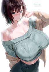 absurdres bare_shoulders blush breasts brown_hair brown_jacket closed_mouth collarbone female female_only green_eyes highres huge_breasts igiroitsu jacket looking_at_viewer midriff navel off-shoulder_sweater off_shoulder original short_hair simple_background smile solo sweater twitter_username white_background