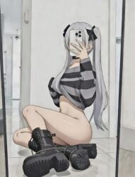 ai_generated ass bottomless convenient_censoring covering_privates female_only mirror_selfie no_panties selfie striped_sweater sweater sweater_lift white_hair