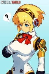 1girls ? absurdres aigis_(persona) android artist_name blonde_hair blue_background blue_eyes bow bowtie breasts female female_only grabbing_own_breast highres joints medium_breasts patreon_username persona persona_3 red_bow red_bowtie robot_joints short_hair simple_background smgold solo spoken_question_mark