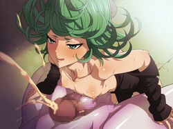 1girls breasts censored cum flat_chest green_hair ice_place mosaic_censoring naizuri one-punch_man paizuri penis small_breasts smile tatsumaki titjob tongue tongue_out