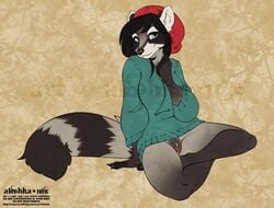 2021 alishka anthro black_hair blue_eyes breasts clothed clothing digital_media_(artwork) eyebrows eyelashes female fur genitals hair mammal procyonid pussy raccoon smile solo