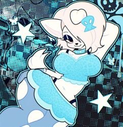 big_boobs big_breasts big_thighs black_eyes blonde_hair blue_clothing blush breasts collar dog_girl emo female furry furry_only gloves hand_behind_head hand_on_thigh leopard_print pantyhose ripped_pantyhose scene shypuppygf skirt smile smiling smiling_at_viewer spiked_collar thick thick_thighs white_fur wide_hips