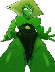 1girls breasts breasts_out cameltoe green_skin labia large_breasts leotard low-angle_view nafan peridot_(steven_universe) solo steven_universe wet white_background