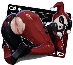 1girls 2d aelion_draws all_fours anus ass batman_(series) blue_eyes bodysuit color dc dc_comics english_text female female_only full_color harley_quinn harley_quinn_(classic) light-skinned_female light_skin looking_at_viewer looking_back pussy rear_view ripped_bodysuit ripped_clothing solo torn_clothes vagina