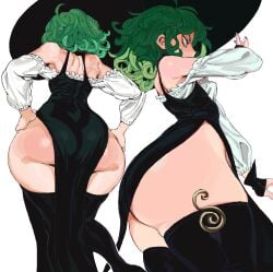 absurdres ass ass_focus bare_shoulders black_dress black_thighhighs breasts curly_hair dress female female_only frills from_behind from_below green_eyes green_hair hands_on_own_hips hat highres huge_ass long_sleeves looking_at_viewer medium_hair multiple_views no_panties off_shoulder one-punch_man pelvic_curtain short_hair side_slit simple_background small_breasts tatsumaki thick_thighs thighhighs thighs white_background whoopsatro wide_hips witch_hat
