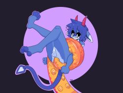 ambiguous_species anal anal_sex balls bite biting_lip black_sclera blue_hair curved_horn genitals hair hi_res horn nude penetration perineum simple_background solo spade_tail tail tentacle tentacle_in_ass tentacle_penetration wide_eyed xing1