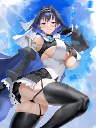 absurdres black_hair black_skirt black_sleeves black_thighhighs blue_cape blue_eyes blue_hair blue_sky bow bow_earrings breasts cape chain_headband chains clothing_cutout cloud cloudy_sky colored_inner_hair day detached_sleeves earrings female female_only hair_intakes highres hololive hololive_english hololive_english_-council- hololive_english_-promise- huge_breasts igiroitsu jewelry multicolored_hair ouro_kronii ouro_kronii_(1st_costume) shirt skirt sky solo thighhighs underboob_cutout veil virtual_youtuber white_shirt