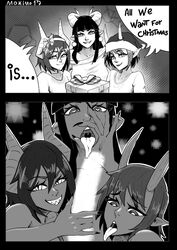 1boy 3girls balta_(mokimolewds) black_and_white christmas demon demon_girl demon_horns efah_(mokimolewds) english_text fellatio_gesture female licking_penis mafe_(mokimolewds) male mokimolewds monochrome multiple_girls oral oral_sex presenting_mouth presenting_throat red_skin sharp_teeth smirk suggestive suggestive_gesture text throat tongue_out