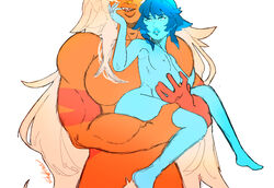 2girls blue_body blue_hair blue_skin flat_colors gem gem_(species) gems gemstone hair jasper_(steven_universe) lapis_lazuli_(steven_universe) littlewingowl long_hair muscular muscular_futa muscular_futanari nude orange_body orange_skin sharp_teeth short_hair size_difference sketch sole_female soles steven_universe very_long_hair white_background white_hair yuri