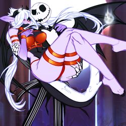 anthro ass black_fur bone carrying claws clothed clothing crystal-for-ever detailed_background female fluffy fluffy_tail fur horns jack_skellington male multicolored_fur open_mouth open_smile partially_clothed purple_fur smile white_eyes white_fur white_hair