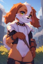 ai_generated anthro blushing bracelet canid canine canis cuntboy domestic_dog exposed_pussy furry green_eyes intersex jacket male mostly_nude orange_body pussy smile smirk smug spiked_collar underwear_down white_body young
