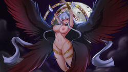 areolae big_breasts black_wings fully_clothed knightfanghentai long_hair looking_at_viewer naked red_eyes vampire venomoose(copyright) white_hair wings