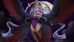 big_breasts black_wings fully_clothed knightfanghentai long_hair red_eyes stockings vampire venomoose(copyright) white_hair wings