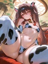 ai_generated bikini bottom_heavy bottom_heavy_female cow_ears cow_girl cow_horns cow_print cow_print_bikini cowbell cowprint_thighhighs female g-string genshin_impact hu_tao_(genshin_impact) large_thighs micro_bikini shortstack slombert small_breasts spread_legs thighhighs thighs twintails