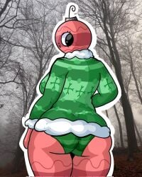 1girls alternate_version_available ass ass_focus bald bald_female big_ass big_ass_(female) black_eyes bobette_(dandy's_world) breasts chetoh christmas_sweater dandy's_world female female_focus female_only freckles freckles_on_face green_panties green_sweater looking_at_viewer looking_back looking_back_at_viewer panties photo_background rear_view red_body roblox roblox_game smile smiling smiling_at_viewer sweater trees