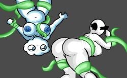2girls :3 alternate_version_available ass bald bald_female belly belly_button bent_over big_ass black_eyes blue_eyes blue_nipples blue_pubic_hair breasts chetoh chubby chubby_female claire_(chetoh) claudia_(chetoh) cloud cloud_humanoid commission commissioner_upload egg female female_focus female_only green_tentacles grey_background grey_nipples looking_at_another looking_at_ass looking_back naked naked_female nipples nude nude_female oc original original_character original_characters pubic_hair pussy restrained restrained_arms restrained_by_tentacles restrained_legs smile smiling tentacle uncensored upside-down white_body