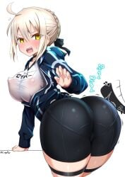 1girls 2022 ahoge alternate_breast_size angry areolae artoria_pendragon ass bending_over bent_over big_ass big_breasts blonde_hair blush booty_shorts breasts cameltoe clothed clothed_female embarrassed erect_nipples fate/grand_order fate_(series) female female_only flustered gym_clothes huge_ass large_areolae large_breasts looking_back mysterious_heroine_x_(alter) nipples nipples_visible_through_clothing open_clothes pale-skinned_female pale_skin see-through see-through_clothing sekai_saisoku_no_panda short_shorts shorts simple_background spanking sweat sweaty_body thick_thighs thigh_strap thighs tied_hair tight_clothing tight_fit track_jacket white_background white_shirt yellow_eyes