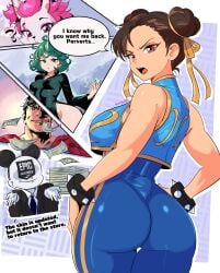 2boys 3girls ? absurdres annoyed artist_name ass breasts brown_eyes brown_hair capcom cape chun-li crossover dc dc_comics double_bun eastern_and_western_character english_text epic_games female fortnite green_hair hair_bun hands_on_own_hips highres huge_ass kimiko_(fortnite) large_breasts looking_at_viewer looking_back male money multiple_boys multiple_females multiple_girls multiple_males one-punch_man open_mouth sideboob source_request street_fighter superhero superman superman_(series) tatsumaki teeth thighs tongue unitard