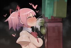 1boys 1girls ai_generated balls bite bite_mark bite_marks bite_marks_all_over blocky_body blowjob crossover cum cum_in_mouth cum_inside fellatio from_side green_balls green_penis kaname_madoka lower_body madoka_kaname male minecraft penis pink_eyes pink_hair puella_magi_madoka_magica rape raped raped_by_monster rule_madoka testicles zombie zombie_(minecraft)