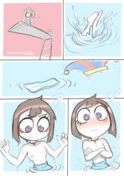 1girls 5koma arms_crossed bare_shoulders blush breasts brown_hair comic covering covering_breasts diving_board embarrassed feet female glitch_productions hat_removed jizoku navel nipples pomni_(the_amazing_digital_circus) question_mark red_cheeks short_hair small_breasts swimwear the_amazing_digital_circus topless tubetop wardrobe_malfunction water wet_body white_skin
