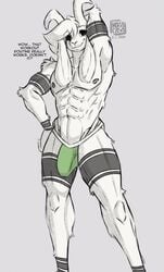 asriel asriel_dreemurr bovid deltarune dialogue english_text goat jockstrap kozacasa male male_only muscular muscular_male pose questionable solo solo_male undertale undies white_fur