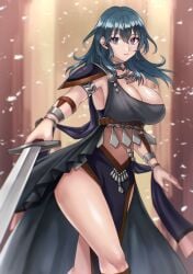 absurdres armlet armor armpits blue_hair breasts byleth_(fire_emblem) byleth_(fire_emblem)_(female) cleavage commentary_request dancer dancer_(fire_emblem:_three_houses) emotionless expressionless female female_byleth_(fire_emblem) female_only fire_emblem fire_emblem:_three_houses floating_hair hair_between_eyes hazuki_(nyorosuke) highres holding holding_weapon jewelry large_breasts long_hair looking_at_viewer nintendo official_alternate_costume pauldrons pelvic_curtain revision shoulder_armor single_pauldron solo sword thighs weapon