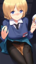 1girls black_legwear blonde_hair blue_hair blue_skirt darjeeling girls_und_panzer looking_at_viewer panties panties_under_pantyhose pantyhose school_uniform short_hair skirt skirt_lift smile underwear wakamezake