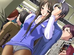 1boy 2000s_(style) black_hair black_pantyhose blue_skirt blue_suit blue_vest blush breasts cleavage clothes_lift collarbone cowboy_shot crowded faceless female game_cg green_eyes half-closed_eyes hand_grip hand_up holding_hand_grip kawahara_emi long_hair long_sidelocks long_sleeves looking_down m&m_(mickey_and_mackey) medium_breasts name_tag panties panties_under_pantyhose pantyhose pencil_skirt pussy_juice pussy_juice_drip_through_clothes pussy_juice_stain pussy_juice_trail saishu_chikan_densha_(series) saishuu_chikan_densha scarf shirt short_hair sidelocks skirt skirt_lift standing suit sweat third-party_source train_interior underwear variant_set vest wet wet_clothes wet_panties wet_pantyhose white_panties white_shirt